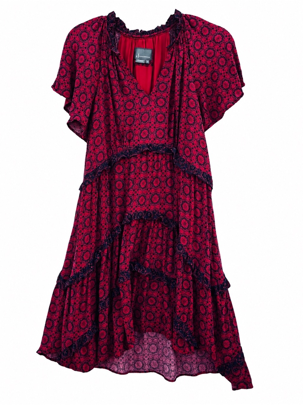 Anthropologie Robin Tiered Mini Dress S Red Navy Ruffle Medallion